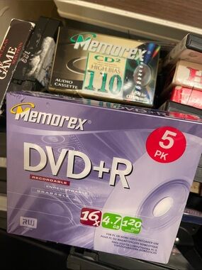 New DVD+R 5-Pack - 16x, 4.7GB and Memorex CD2 High bias cassette-both new.